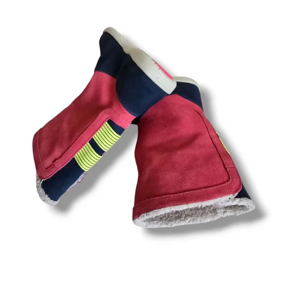 CROCS Women's Adela Foldover Fuzz Suede Booties Pink Poppy/Yellow Stucco/Navy - Picture 11 of 16